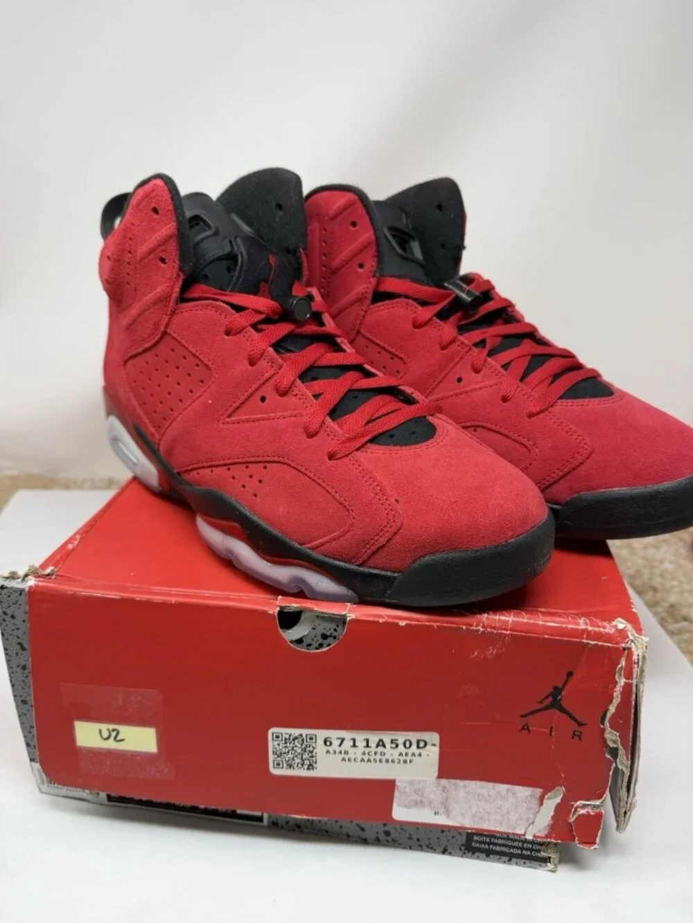 Air Jordan 6 Retro Toro Bravo Black Red Suede Sneakers (CT8529-600) Mens Size 12